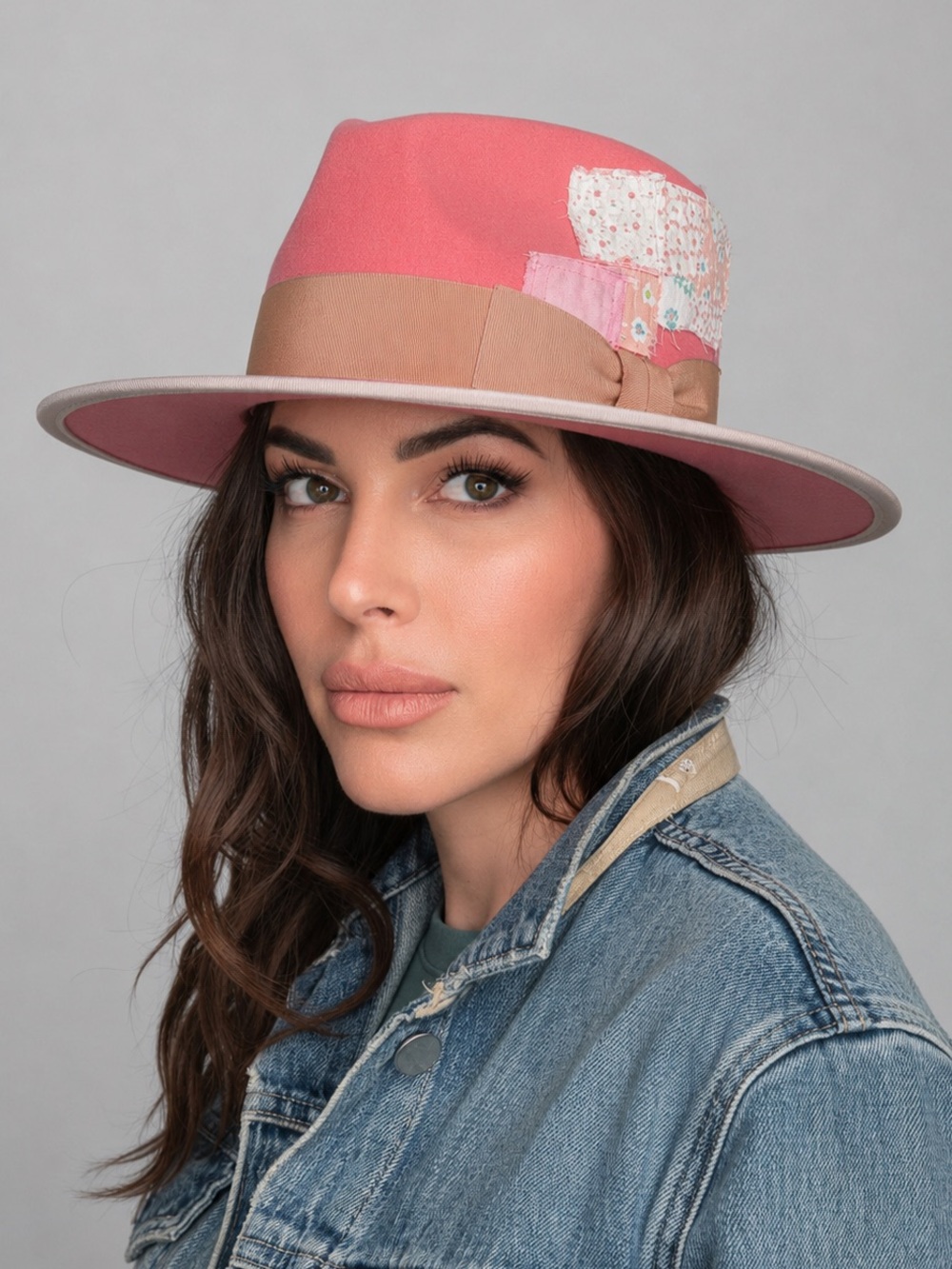Teressa Foglia Pink Floral Patch Felt Western Fedora Hat 7 1/2